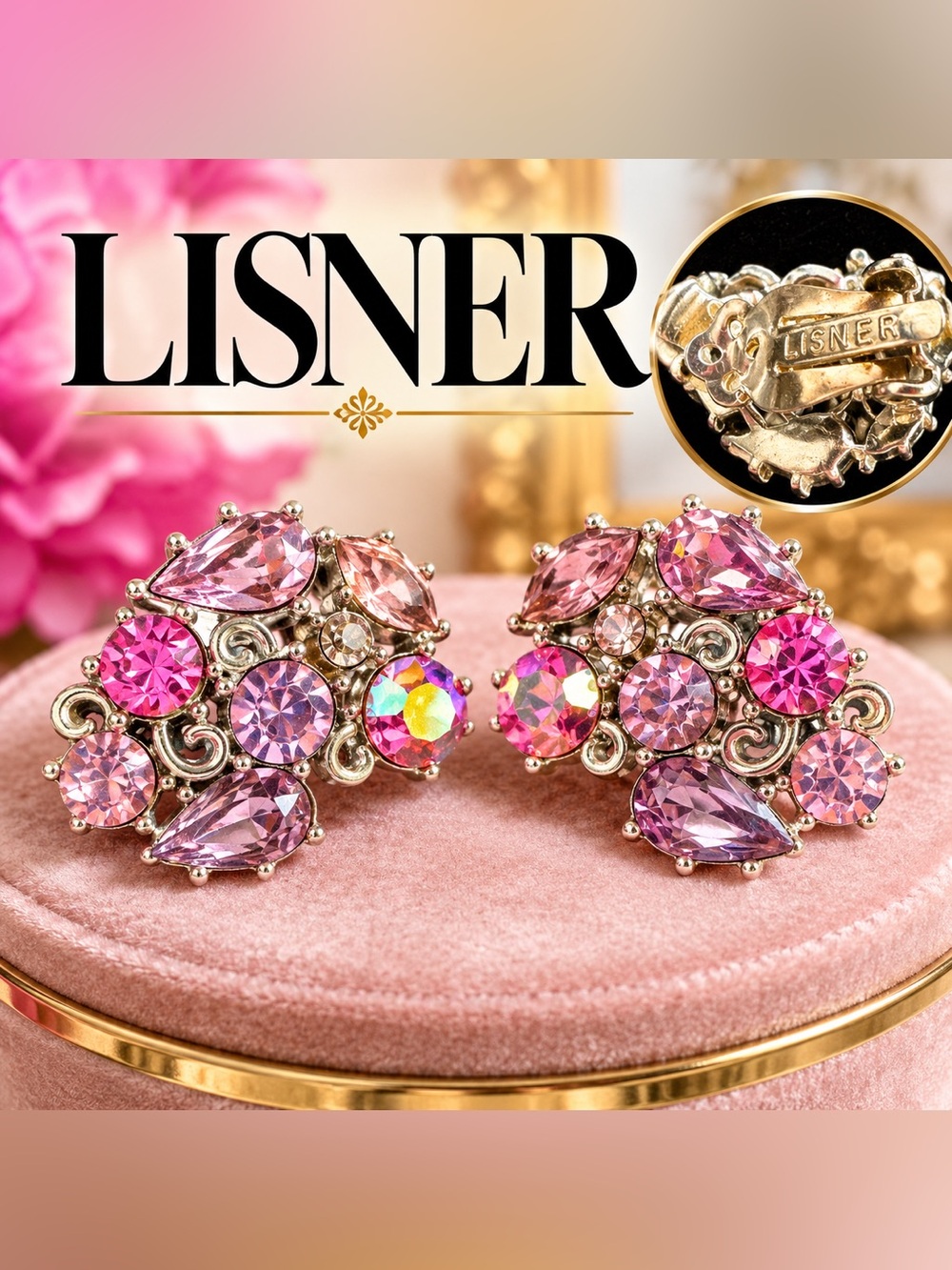 Vintage Lisner Pink Purple AB Rhinestone Climbers Clip On Earrings